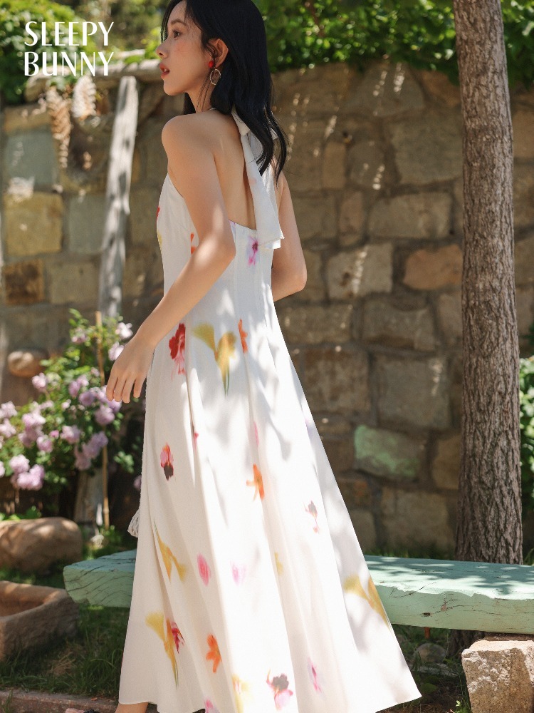 Midi Skirt Floral - 여성 휴가 스타일 홀터넥 미디 드레스