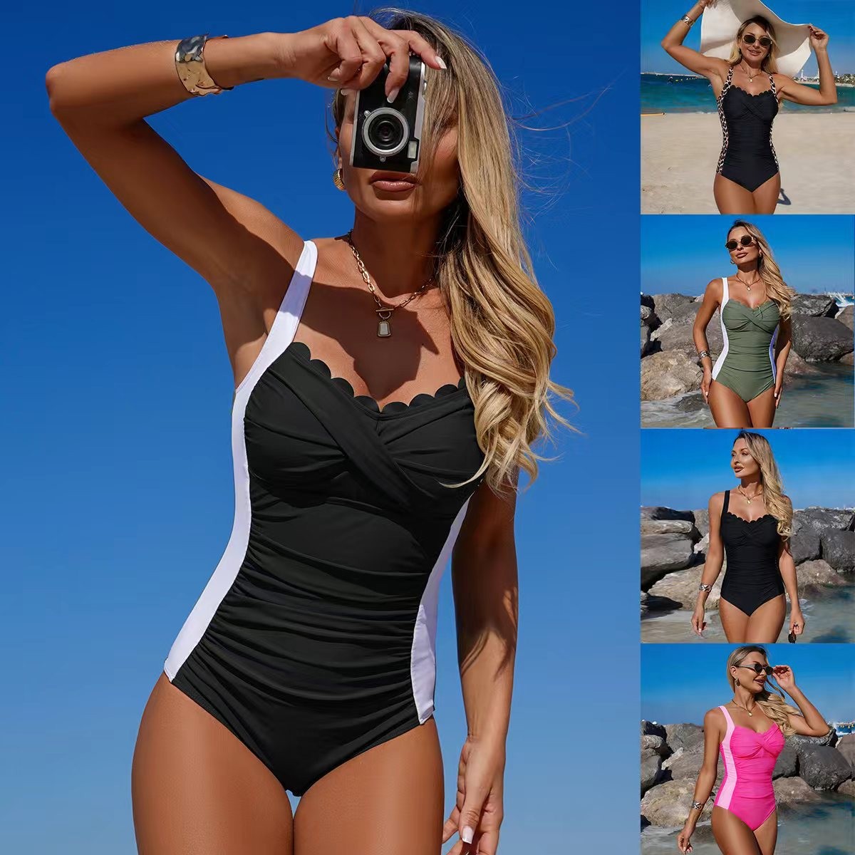 Swimsuit Bikini Ruched - 블랙 스캘럽 네크라인 트위스트 프론트 올리브