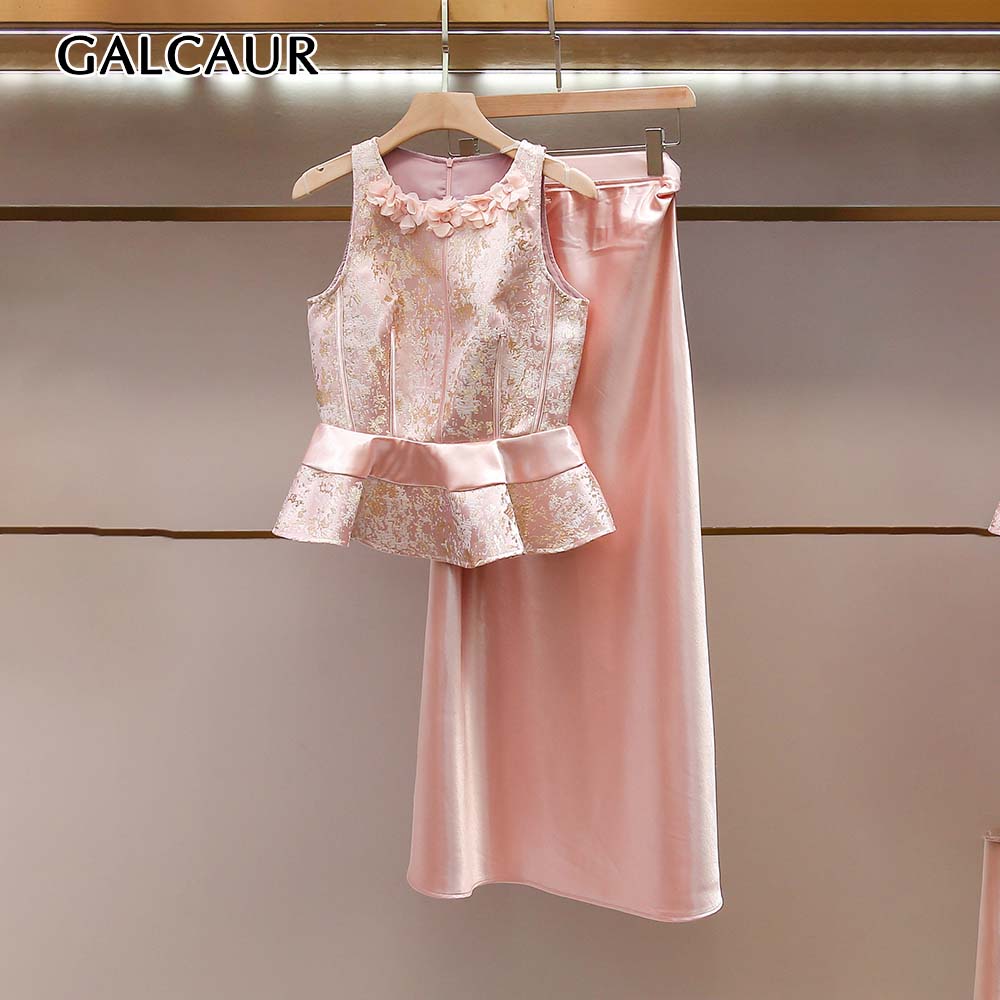 Midi Skirt Floral - GALCAUR 솔리드 플로럴 슬리밍 투피스 세트