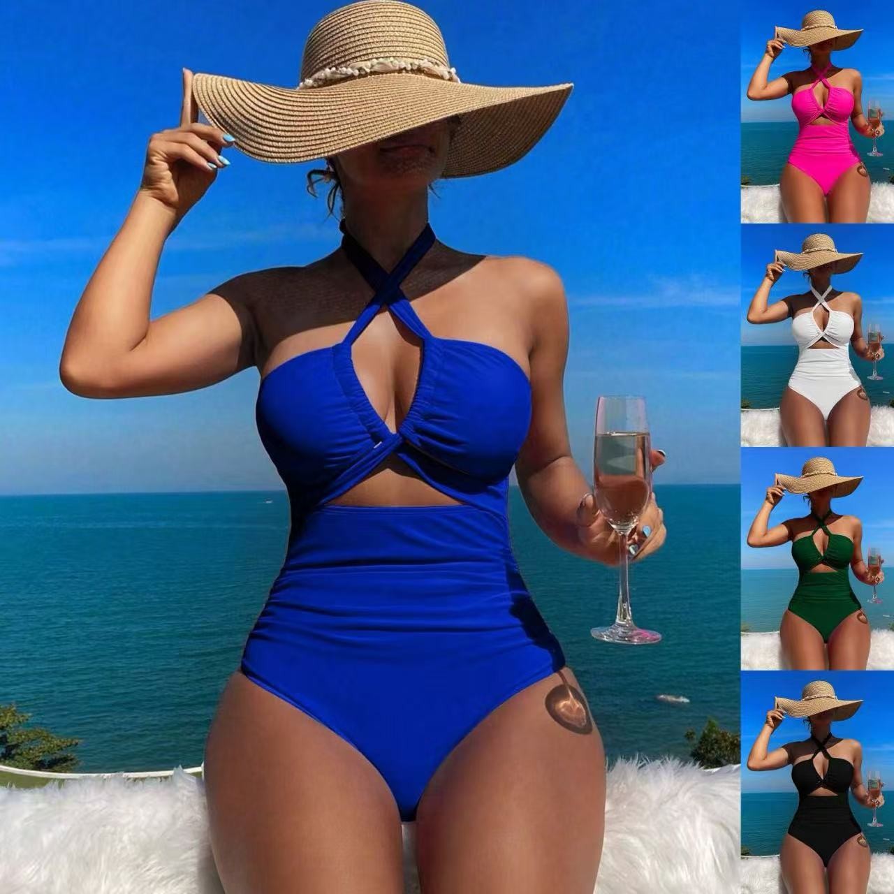 여성 수영복 홀터넥 솔리드 수영복 백리스 허리 조절 가 - Swimsuit Bikini Ruched 리뷰 및 가격