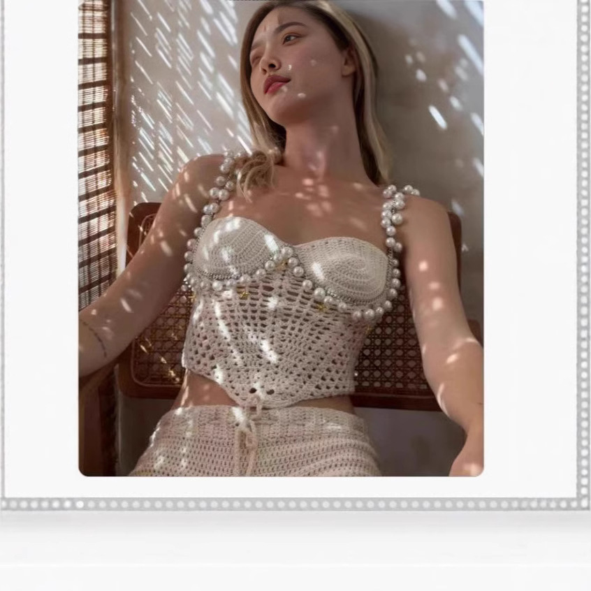 섹시한 비딩 크로셰 크롭 베스트 반바지 세트 여성 슬림 - Crop Top Crochet 리뷰 및 가격