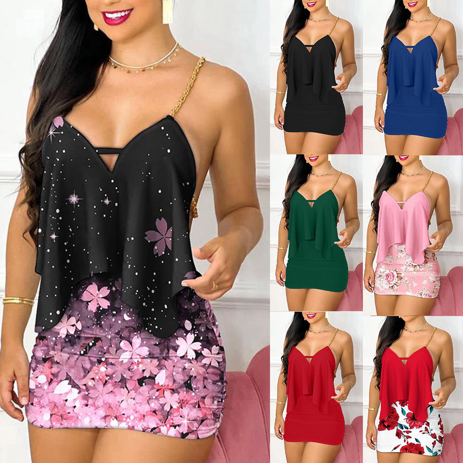 여자 드레스 여름 패션 꽃 프린트 비대칭 체인 스트랩  - Maxi Dress Halter 리뷰 및 가격