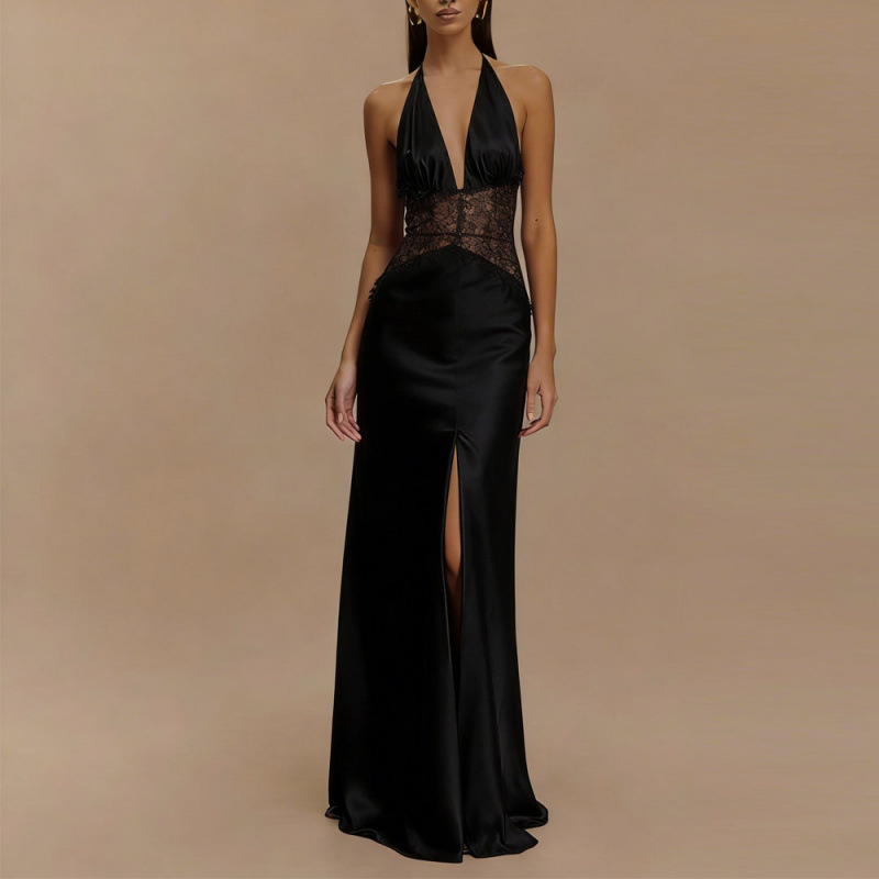 섹시한 백리스 홀터 맥시 드레스 핑크 새틴 레이스 하이 - Maxi Dress Halter 리뷰 및 가격